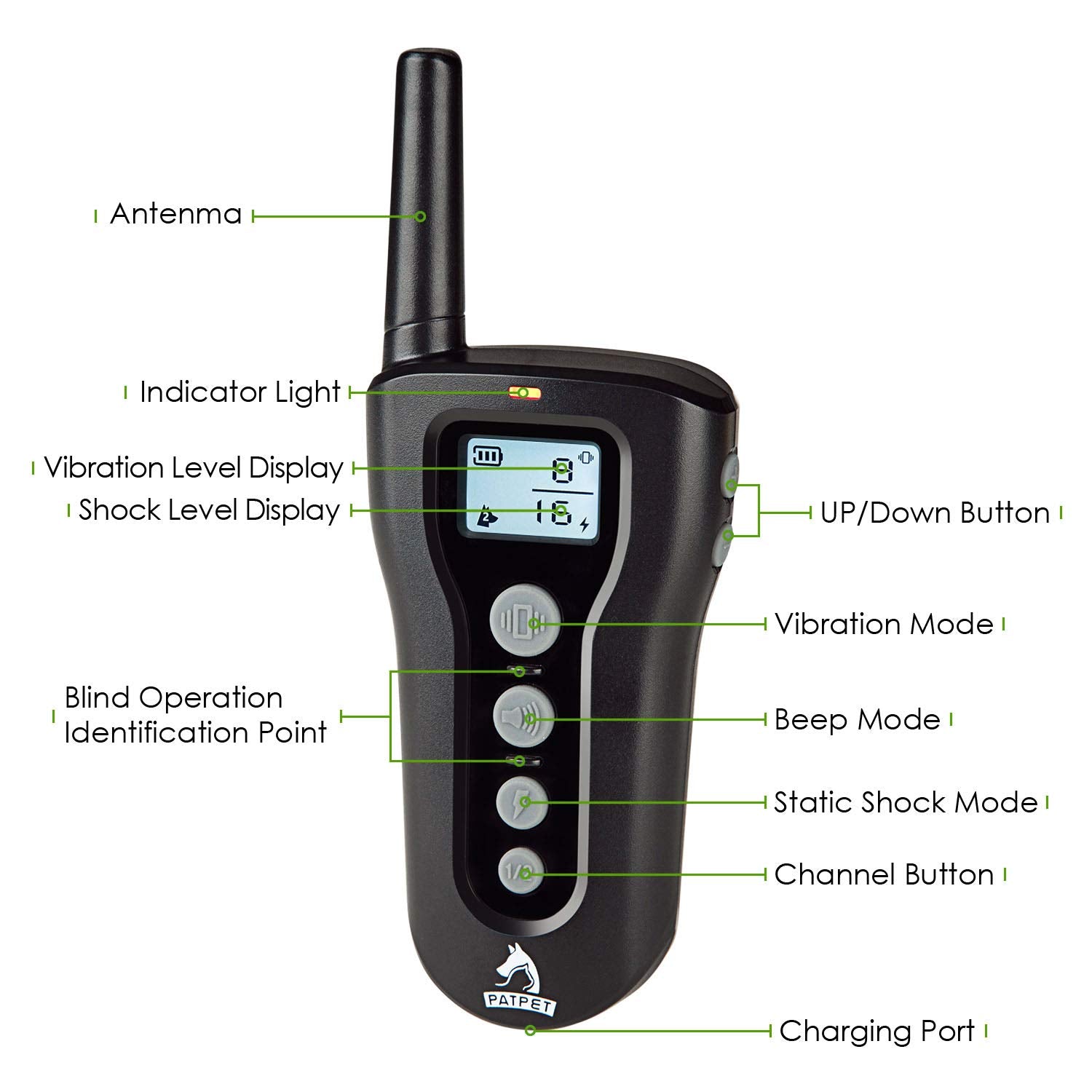 Collier d'entraînement pour chien Patpet, collier de télécommande de 1000 pieds, imperméable rechargeable, collier de choc bip / vibration / mode choc