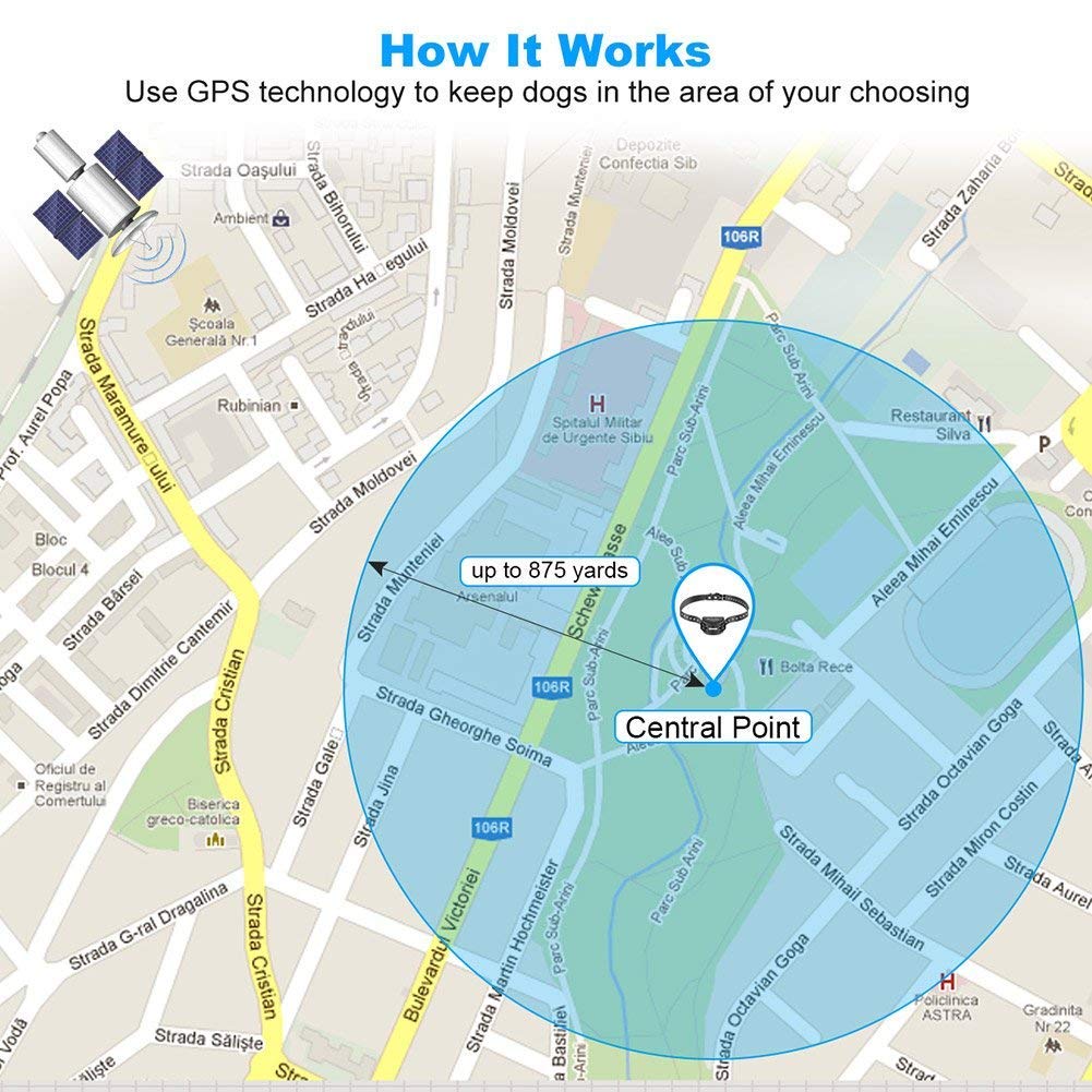 Système de confinement pour animaux de compagnie de clôture sans fil pour animaux de compagnie. Technologie GPS! Pas de télécommande, d'émetteur ou de fil! Clôture invisible, étanche et rechargeable, avec un ton et une stimulation statique