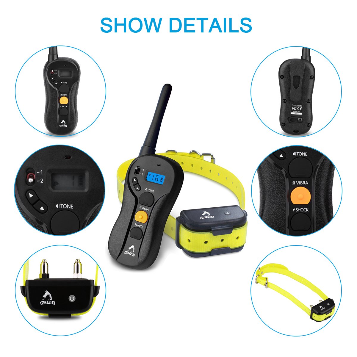 Patpet P-Collar 610 Collier de formation pour chiens Innovative Blind Operation Collier de choc pour la formation Dog - RECHARGÉable Imperméable 660yd Remote Control Range 3 Mode de formation 16 Intensité A réglable