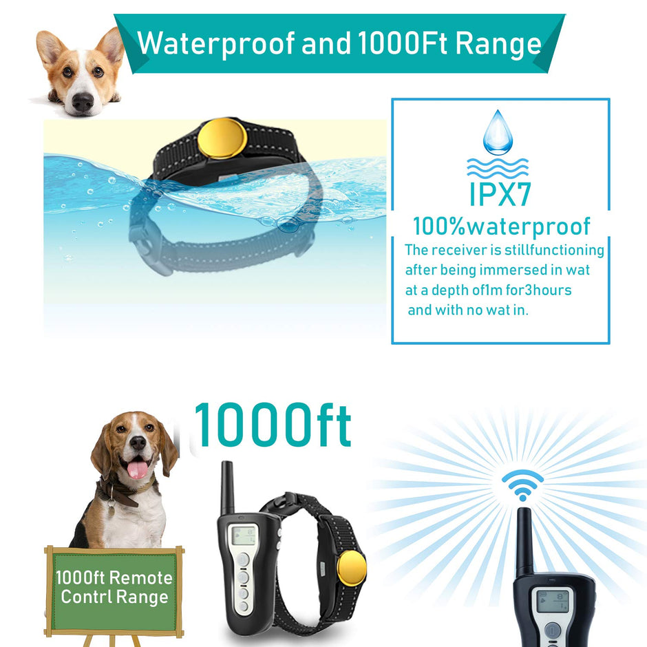 Collier d'entraînement pour chiens YTT, collier de choc pour chiens à 1000 pieds, pas de blessure et choc à 100% imperméable BEEP / vibra / choc électrique.