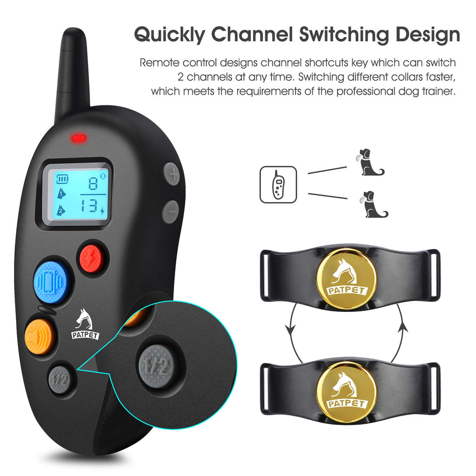 Patpet Dog Training Collar IPX7 Waterproof, Fast rechargeable Shock Collar for Dogs with 1600FT Long Remote Range, 3 Modes Beep/Vibration/Shock e-Collar for Small Medium Large Dog(AC Adapter Included)