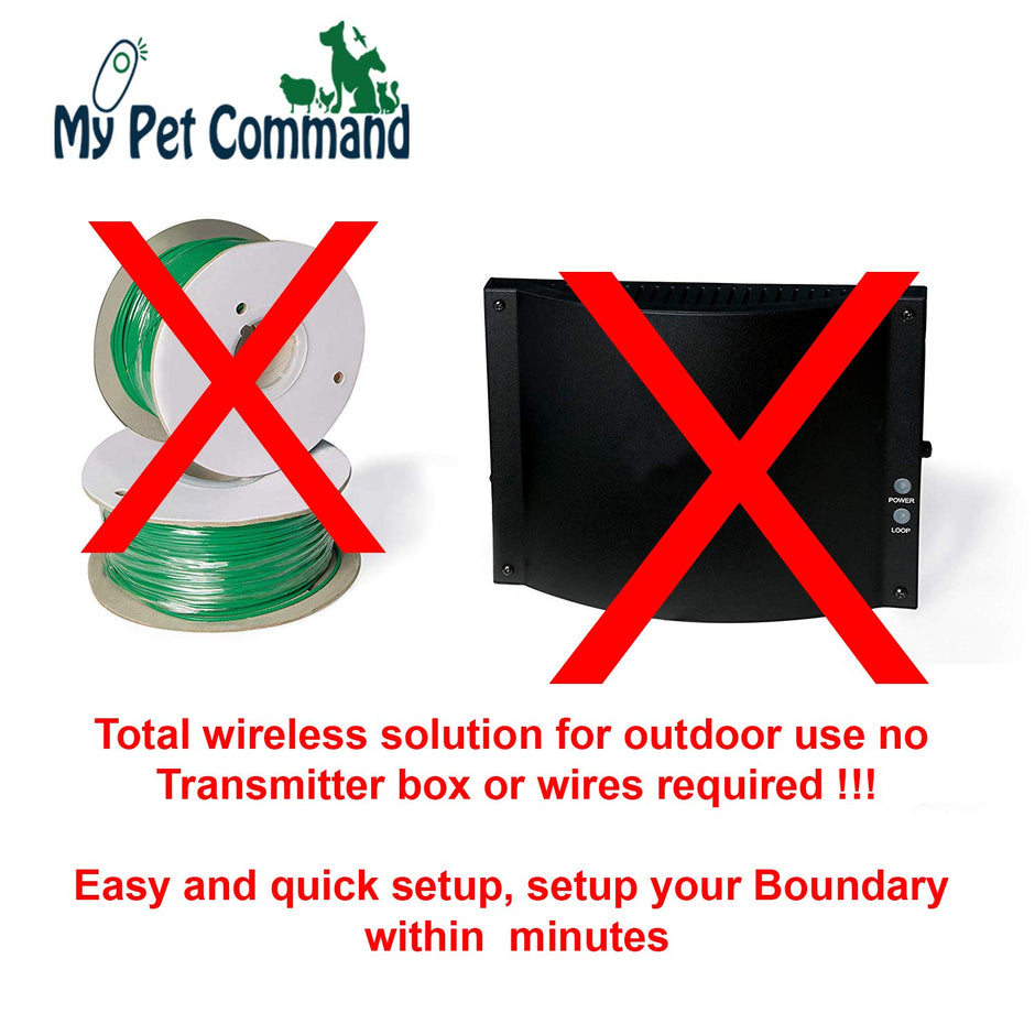 My Pet Command Wireless Electric Fence Safe Dog Containment System GPS Boundary Easy Setup Outdoor use Waterproof and Rechargeable Collars Bonus Training Whistle