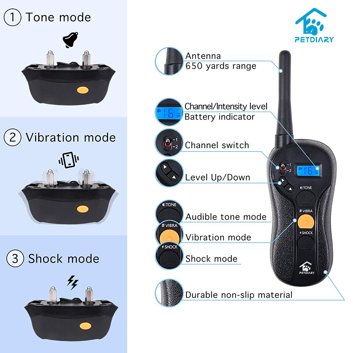 Dog Training Collar for Dogs with 3 Training Modes Electric Shock 0~16 Schock Levels Rechargeable and Waterproof Remote E-Collar