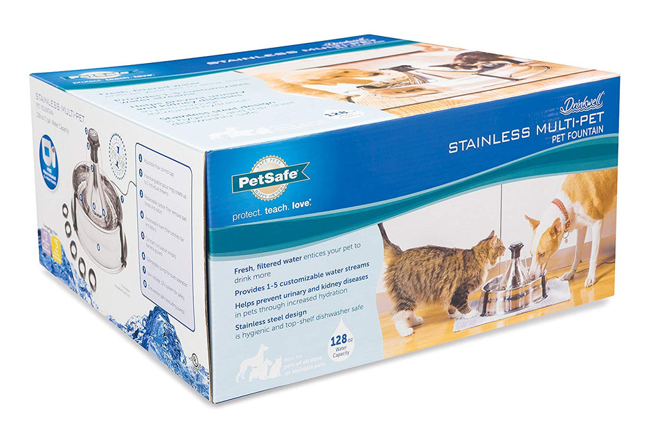 PetSafe Drinkwell 360 Multi-Pet Stainless Steel Dog and Cat Fountain, Filtered Water, 128 oz. Water Capacity