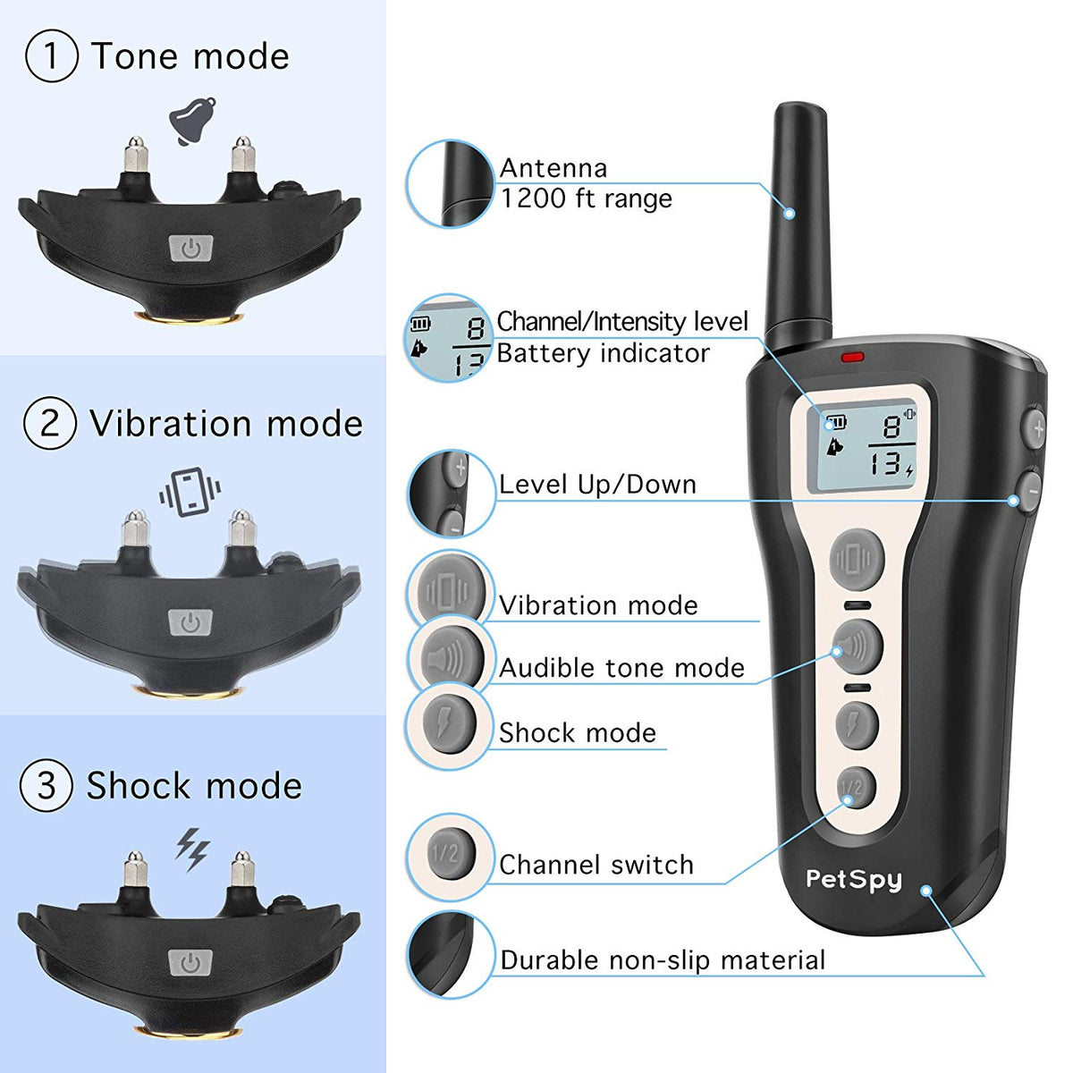 PetSpy P320 Dog Shock Collar for 1200ft Remote Training with Vibration and Beep Rechargeable and Waterproof E-Collar Trainer