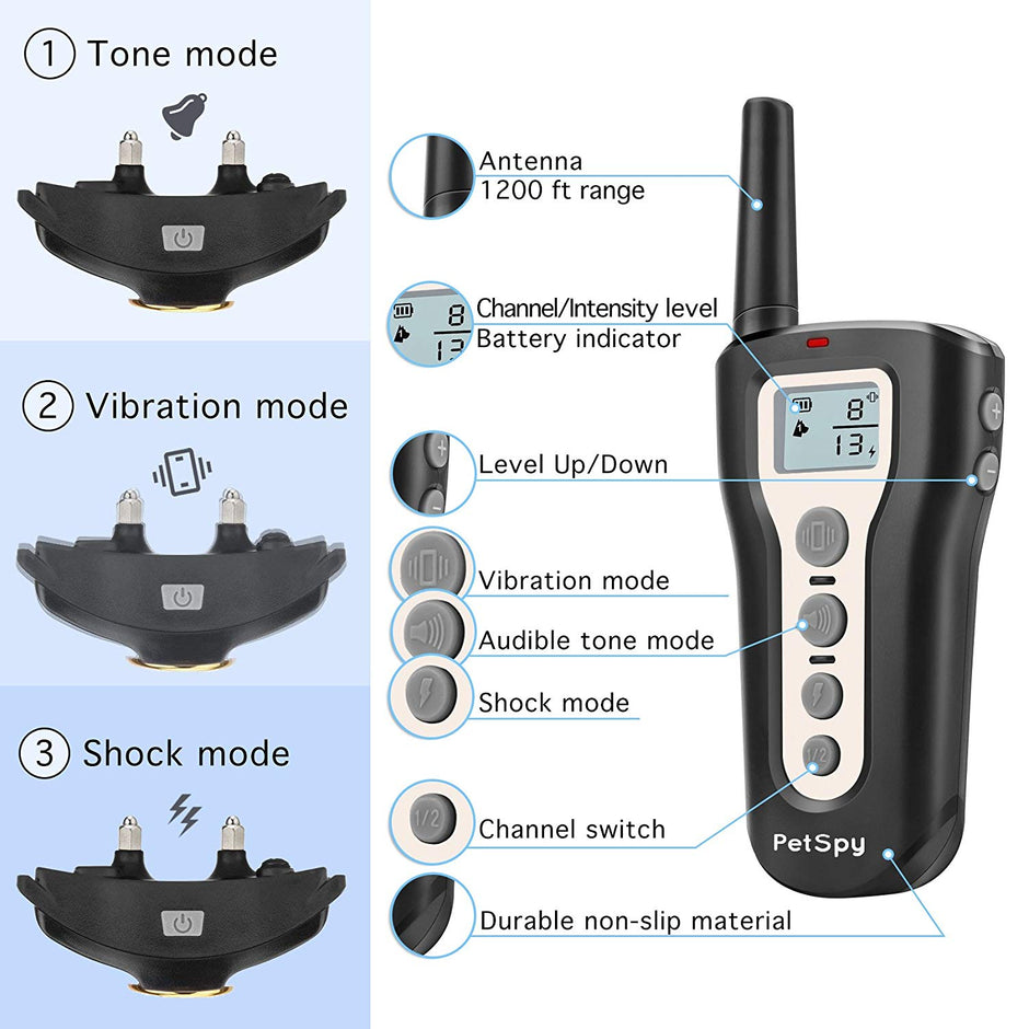 PetSpy P320 Dog Shock Collar for 1200ft Remote Training with Vibration and Beep Rechargeable and Waterproof E-Collar Trainer