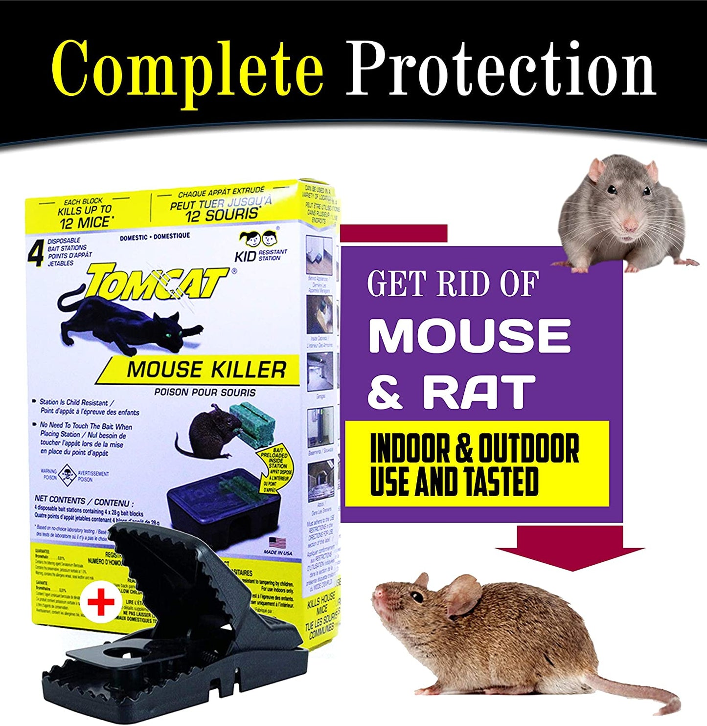 Certified Mouse Rodent Rat Poison Trap Killer-Child and Dog Resistant-Disposable 4 Pack Bait Chunks Stations with Large Heavy-Duty Reusable Rat Snap Trap Complete Pack for Rodent Free Home