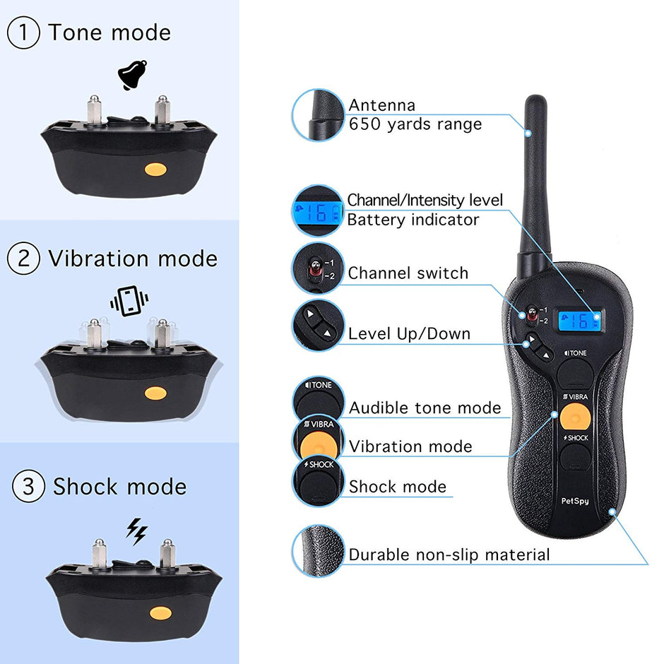 PetSpy P620 Dog Training Shock Collar for Dogs with Vibration, Electric Shock, Beep; Rechargeable and Waterproof Remote Trainer E-Collar - 10-120 lbs