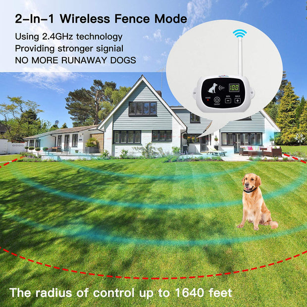 Wireless Dog Fence, Pet Containment System, Up to 1640 Feet Control Range, Waterproof, Adjustable & Rechargeable 2-in-1 Set, Outdoor Electric Fence for Dogs