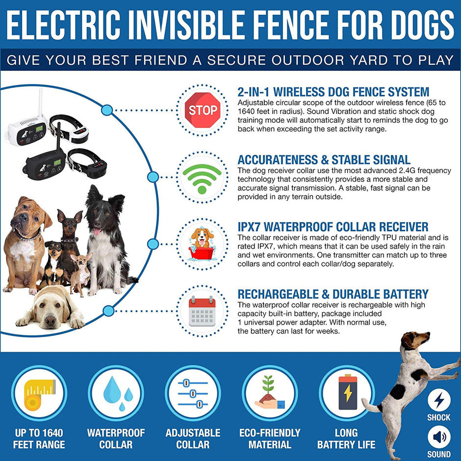 Wireless Dog Fence, Pet Containment System, Up to 1640 Feet Control Range, Waterproof, Adjustable & Rechargeable 2-in-1 Set, Outdoor Electric Fence for Dogs