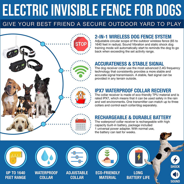 Wireless Dog Fence, Pet Containment System, Up to 1640 Feet Control Range, Waterproof, Adjustable & Rechargeable 2-in-1 Set, Outdoor Electric Fence for Dogs