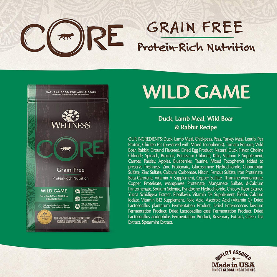 Wellness Core Natural Grain Free Dry Dog Food Wild Game Duck, Turkey, Boar & Rabbit