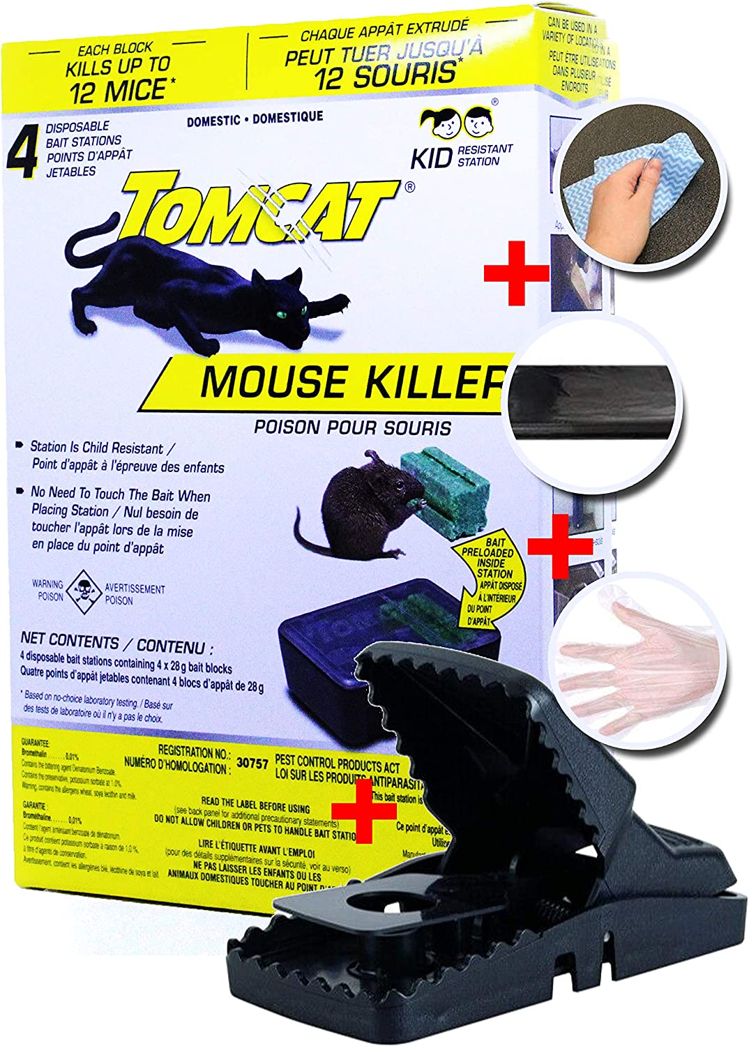 Certified Mouse Rodent Rat Poison Trap Killer-Child and Dog Resistant-Disposable 4 Pack Bait Chunks Stations with Large Heavy-Duty Reusable Rat Snap Trap Complete Pack for Rodent Free Home