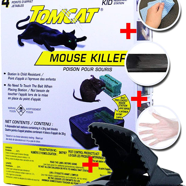 Certified Mouse Rodent Rat Poison Trap Killer-Child and Dog Resistant-Disposable 4 Pack Bait Chunks Stations with Large Heavy-Duty Reusable Rat Snap Trap Complete Pack for Rodent Free Home
